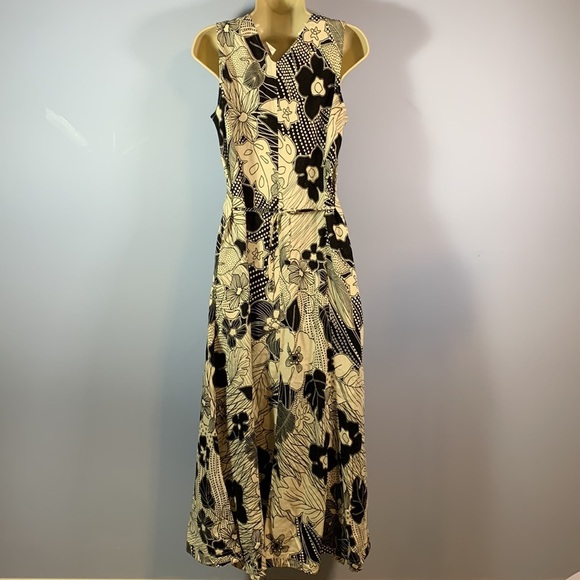 Enough about me! Sz 8 linen long black white floral tropical Hawaiian dress y2k - Picture 2 of 6